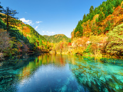 Góry, Chiny, Jezioro, Las, Park Narodowy Jiuzhaigou, Jesień