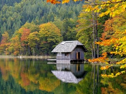 Jesień, Drzewa, Domek, Jezioro, Las