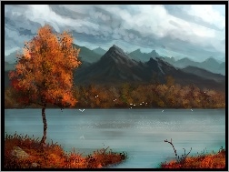 Jesień, Góry, Jezioro, Drzewo
