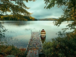 Łódka, Jesień, Jezioro, Drzewa, Pomost