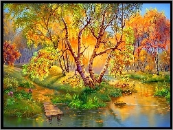 Jesień, Pomost, Kładka, Rzeka, Drzewa