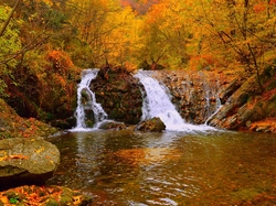 Jesień, Drzewa, Wodospad, Rzeka, Skały
