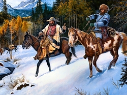 Konie, Las, Góry, Malarstwo, Jerry Crandall, Mężczyźni, Zima, Jeźdźcy