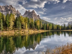Jezioro, Las, Antorno Lake, Góry, Włochy, Chmury, Dolomity, Drzewa