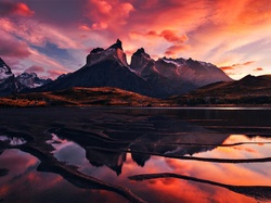 Jezioro, Słońca, Patagonia, Chmury, Góry, Zachód