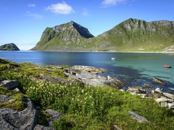 Jezioro, Norwegia, Roślinność, Kamienie, Góry, Łodzie
