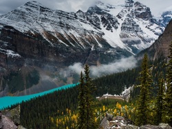 Jezioro, Drzewa, Śnieg, Lake Louise, Park Narodowy Banff, Alberta, Kanada, Mgła, Góry, Skały