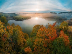 Jesień, Jezioro, Las, Mgła, Drzewa