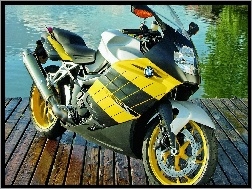 Jezioro, Motocykl, Żółty, BMW