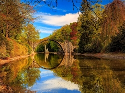 Jesień, Saksonia, Jezioro Rakotz, Park Rododendronów Kromlau, Gablenz, Niemcy, Most łukowy
