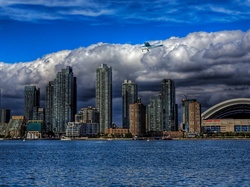 Toronto, Jezioro, Chmury, Drapacze Chmur, Kanada, Awionetka
