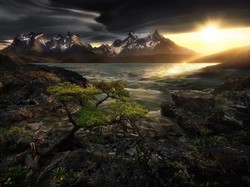Góry, Skały, Wschód słońca, Torres del Paine, Chile, Jezioro