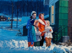 Gordon Johnson, Zima, Obraz, Domy, Śnieg, Dzieci, Malarstwo