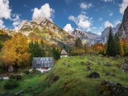 Alpy Julijskie, Dolina Trenta, Słowenia, Domy, Góry, Drzewa