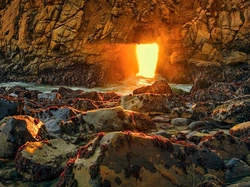 Skały, Wybrzeże, Jaskinia, Stany Zjednoczone, Przebijające Światło, Keyhole Arch, Kalifornia, Big Sur