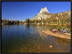Stan Kalifornia, Góra Cathedral Peak, Drzewa, Park Narodowy Yosemite, Stany Zjednoczone, Jezioro