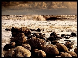 Kamienie, Morze, Chmury, Fale
