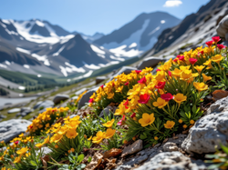 Grafika AI, Czerwone, Żółte, Góry, Śnieg, Kwiaty, Kamienie