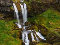 Kamienie, Skały, Wodospad Selvallafoss, Islandia, Omszałe