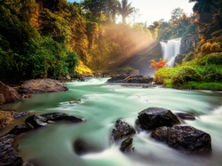 Kamienie, Wyspa Bali, Wioska Tegenungan Kemenuh, Wodospad Tegenungan, Roślinność, Drzewa, Rzeka, Indonezja, Skały