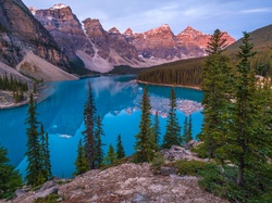 Jezioro, Park Narodowy Banff, Moraine Lake, Kanada, Skała, Drzewa, Alberta, Góry