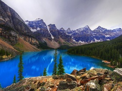 Jezioro Moraine Lake, Las, Skały, Park Narodowy Banff, Góry, Kanada