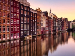 Amsterdam, Kamienice, Łódka, Kanał, Domy, Holandia