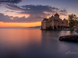 Kanton Vaud, Zamek Chillon, Chmury, Zachód słońca, Jezioro Genewskie, Szwajcaria