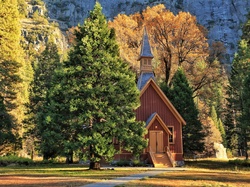 Kaplica, Stany Zjednoczone, Park Narodowy Yosemite, Drzewa, Kalifornia, Kościółek