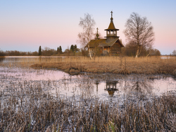 Wyspa Kiży, Kaplica, Brzozy, Rozlewisko, Karelia, Rosja, Trawy, Drewniana, Jezioro Onega