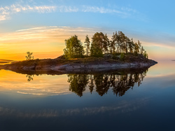Wysepka, Karelia, Rosja, Drzewa, Jezioro Ładoda, Wschód słońca