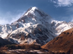 Zima, Kaukaz, Niebo, Szczyt Kazbek, Wulkan, Góry, Śnieg