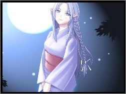 kobieta, kimono, Fate Stay Night, księżyc, warkocz