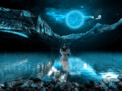 Kobieta, Noc, Księżyc, Góry, Fantasy, Jezioro