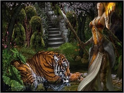 fantasy, Kobieta, Tygrys