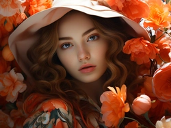Kwiaty, Kobieta, Kapelusz, 2D, Pomarańczowe