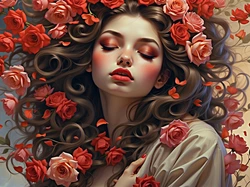 Czerwone, Kobieta, Makijaż, Róże, Kwiaty