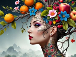 Makijaż, Kobieta, Owoce, 2D, Kwiaty
