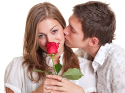 Kobieta, Róża, Pocałunek, Mężczyzna, Para, Czerwona