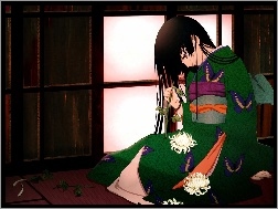 kobieta, kimono, Jigoku Shoujo, kwiaty
