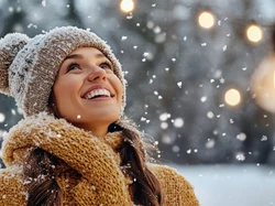 Szal, Śnieg, Uśmiech, Kobieta, Długowłosa, Szatynka, Czapka