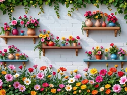 Kwiaty, Murowana, Półki, Kolorowe, Ściana, Doniczki