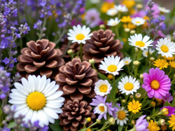 Stokrotki, Kolorowe, Kwiaty, Szyszki, Lawenda