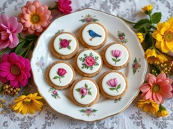 Kwiaty, Udekorowane, Talerz, Kolorowe, Ciastka, Obrus