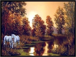 Konie, Drzewa, Jesień, Rzeka