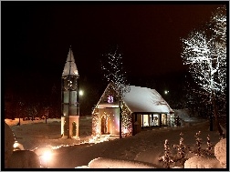 Śnieg, Drzewa, Kościół, Światła