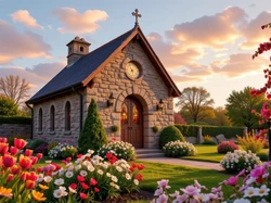 Tulipany, Kościół, Ogród, Drzewa, Kwiaty