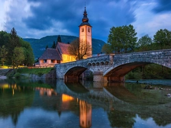Słowenia, Odbicie, Drzewa, Most, Jezioro Bohinj, Kościół św Jana, Gmina Bohinj