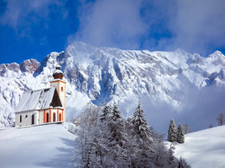 Kościół, Drzewa, Śnieg, Zima, Góry