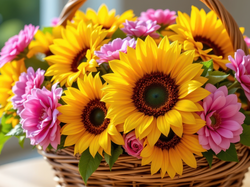 Kwiaty, Różowe, Słoneczniki, Koszyk